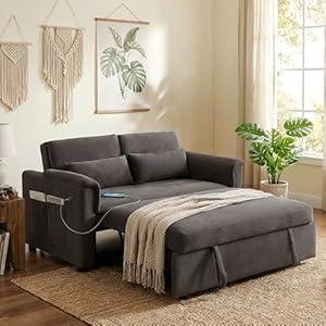 Trygoal Sofa Bed, Pull Out Couch with Side Pockets, 3 in 1 Velvet Loveseat Sleeper Sofas Beds with USB Ports, Sofa Bed Couch with Adjustable Backrest for Living Room, Bedroom, Apartment, Gray
