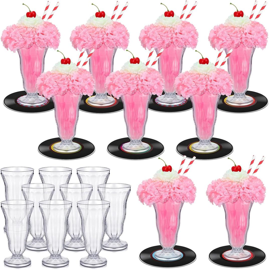 Dingion 50's Soda Shop Party Decor 50's Theme Party Decorations Includes Soda Glass Straws Artificial Carnation Flowers Cherries Records Crepe Paper for Retro Decorations(9 Sets)