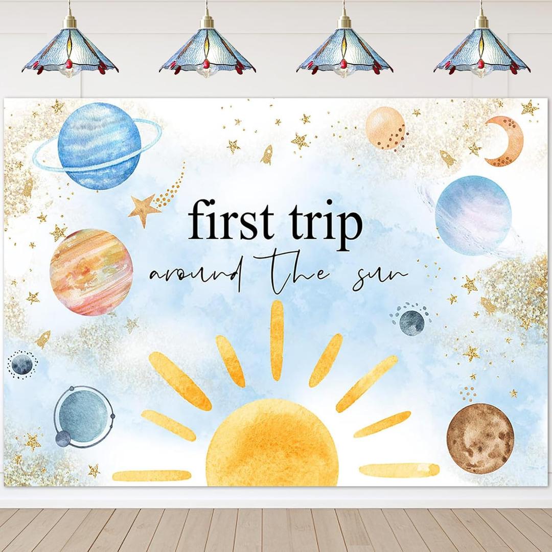 Avezano First Trip Backdrop Outer Space Watercolor Planets 1st Birthday Party Decorations First Trip Around The Sun Birthday Party Photoshoot Background Banner for Boys (7x5ft)