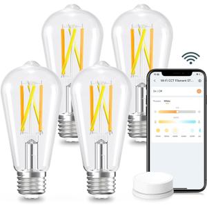 Linkind E26 Smart Edison Bulbs, 2700K-6500K Tunable WiFi Edison Bulbs with Remote Control, 8W 60W Equivalent Dimmable ST19 (ST58) Vintage Light Bulbs 800lm, Compatible with Alexa & Google Home, 4-Pack