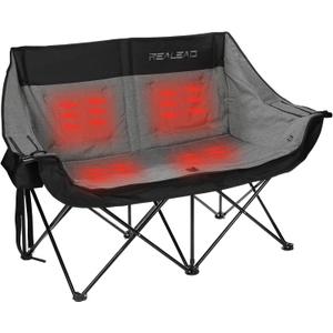REALEAD Heated Double Camping Chair, 3 Heat Levels and 4 Heating Zones, Portable Heated Loveseat Chair for Outdoor Sports Support 650lbs, Heating Folding Chairs for Outside, Battery NOT Included