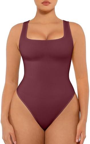 FeelinGirl Bodysuits for Women Seamless Square Neck Tummy Control Compression Thong Shapewear Bodysuit Tank Tops Bodysuit 5 XL