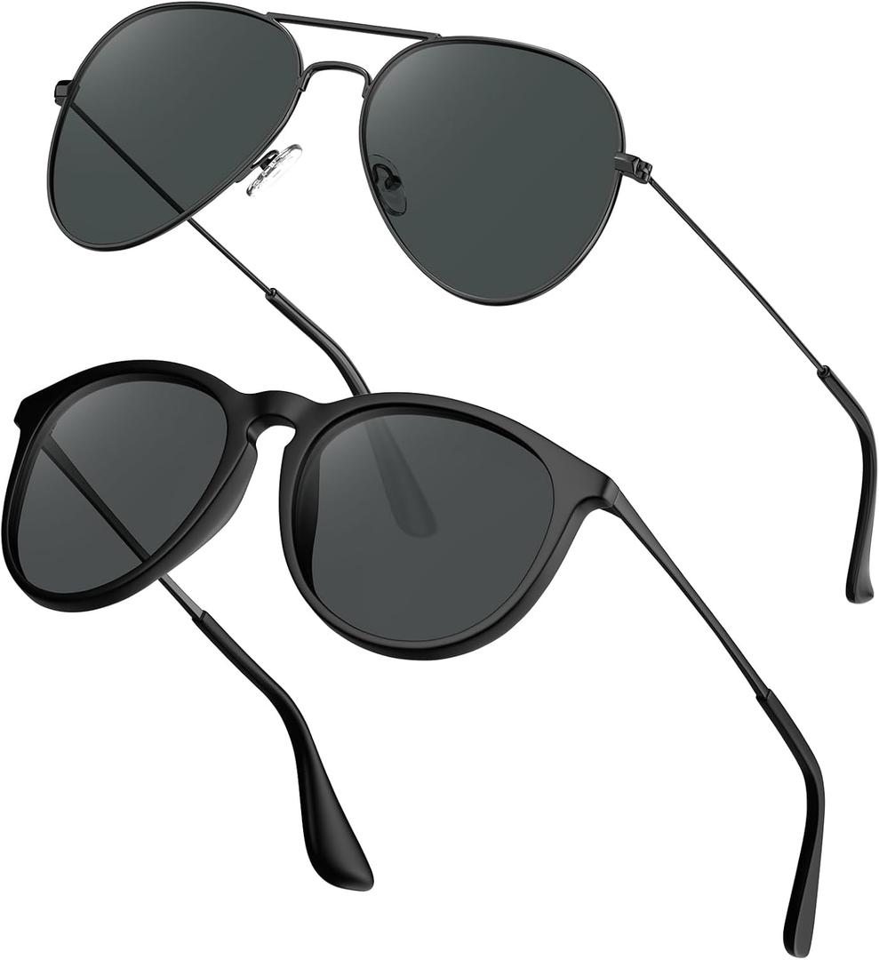 STGATN 2 Packs Round & Aviator Polarized Sunglasses for Women Men UV400 Protection (B. Round Matte Black/Grey + Aviator Black/Grey)