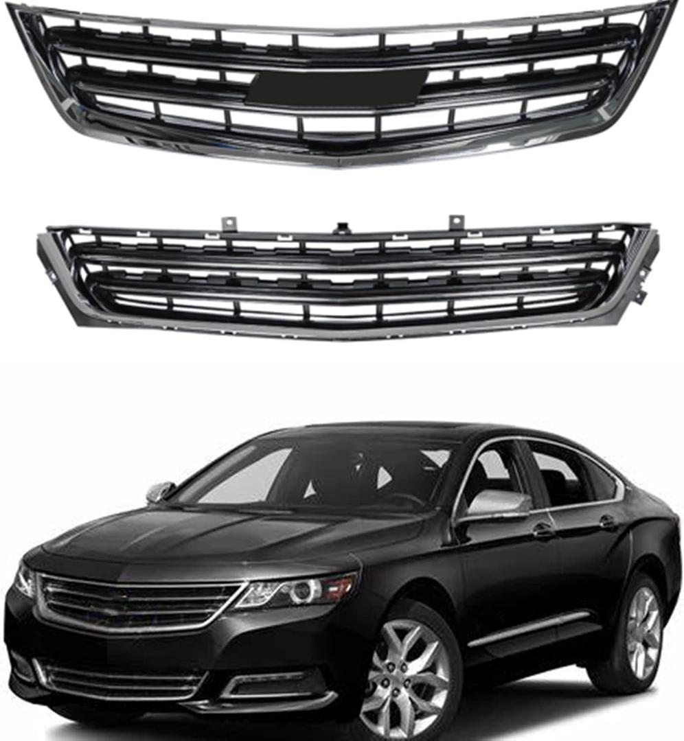 Front Upper and Lower Grille Set Chrome Black 2Pcs Replacement for Impala 2014 2015 2016 2017 2018 2019 2020
