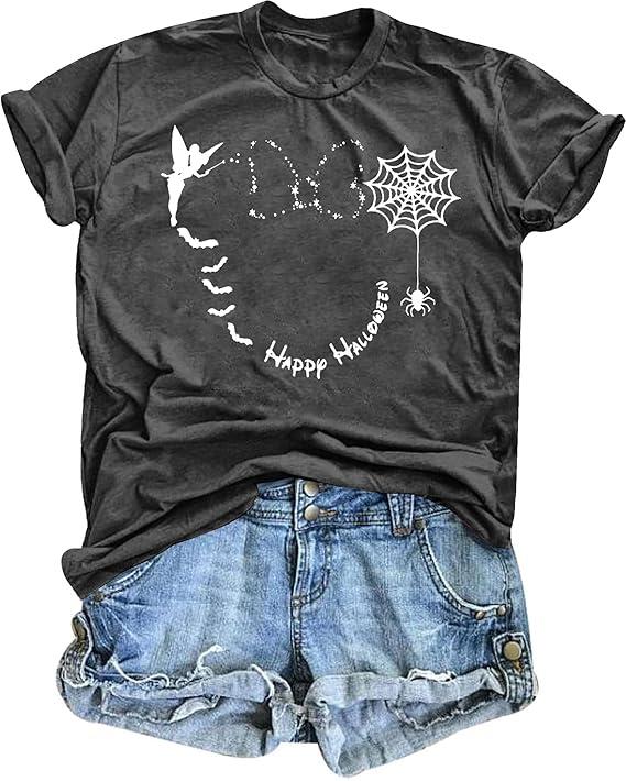 Happy Halloween Shirts Women Magical Halloween T Shirt Funny Spider Web Graphic Shirts Spooky Season Tee Tops (Medium, Blac)