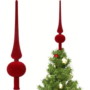 Sumind 11 Inch Red Velvet Finial Christmas Tree Topper Vintage Spherical Tree Topper Velvet Finial Mid Century Christmas Ornament for Home Xmas Holiday Party Decorations