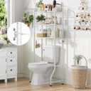 Simple Trending Over The Toilet Storage Rack, Metal 3 Tier Bathroom Organizer Shelf with Paper Holder and 3 Hooks, Freestanding Shelf Space Saver Above Toilet, White