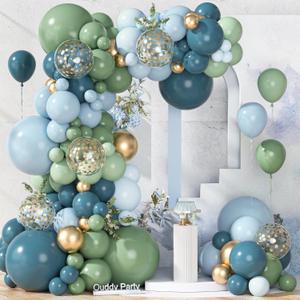 Ouddy Party 149Pcs Dusty Blue Green Pastel Blue Gold Balloon Garland Kit Different Sizes 18 12 10 5Inch, 6Pcs 18Metallic Gold Confetti Balloons for Baby Shower Wedding Birthday Boho Party Decorations
