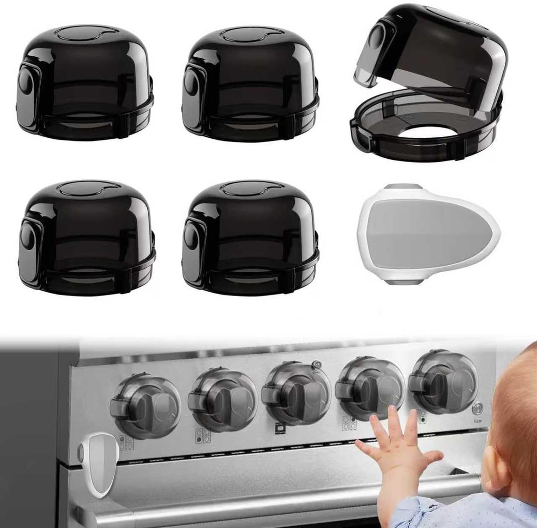 Stove Knob Safety Covers for Child Baby Proofing Kitchen Universal Size Gas Knob Covers Clear View Childproof Oven Knob Covers for Kids and Pets (5packs +1locks) (Black)