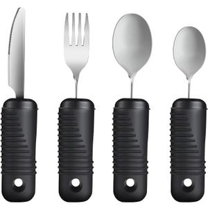 Adaptive Utensils,Easy Grip Silverware,Built Up Bendable Fork,Teaspoon,Tablespoon and Knife for Elderly,Hand Tremors,Arthritis and Parkinson's Patients,4 Piece Set