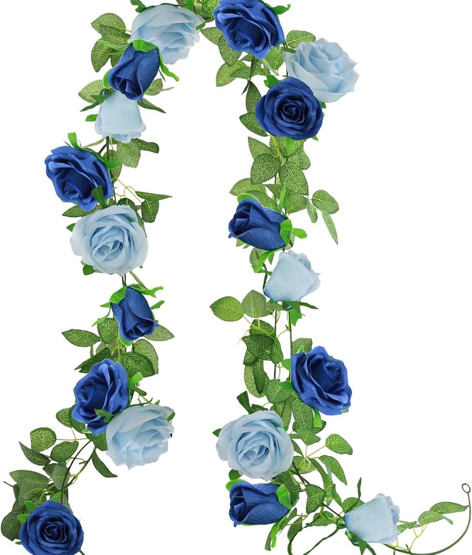 Greentime 2 Pack Artificial Flower Garland 6.5 FT Fake Rose Garland Vine for Wedding Arch Table Centerpiece Arrangement Room Baby Shower Decor (Royal Blue and Light Blue)