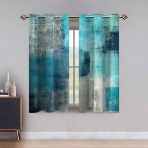 TOMWISH Turquoise Panels Short Drapes Grommet Blackout Curtains Turquoise Grey Abstract Art Painting for Living Room Bedroom Window Treatment Set 29 X 36 Inch 2 Panel