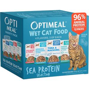 Optimeal Wet Cat Food Variety Pack - Sea Protein Selection, Grain Free Tender Morsels, High Protein Premium Nutrition Made with Natural European Ingredients, Adult Cat Pouches 3oz (Pack of 12) (EXP 03/12/28)
