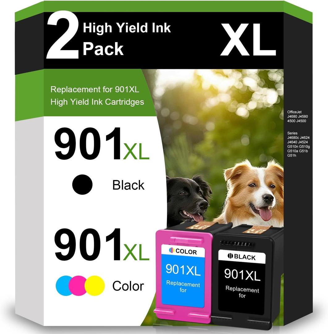 901 Ink Cartridges Replacement for HP 901 901XL 901 XL for HP Printer Compatible with Officejet 4500 J4524 J4540 J4550 J4580 J4624 J4680 Printer High Yield (1 Black, 1 Tri-Color)