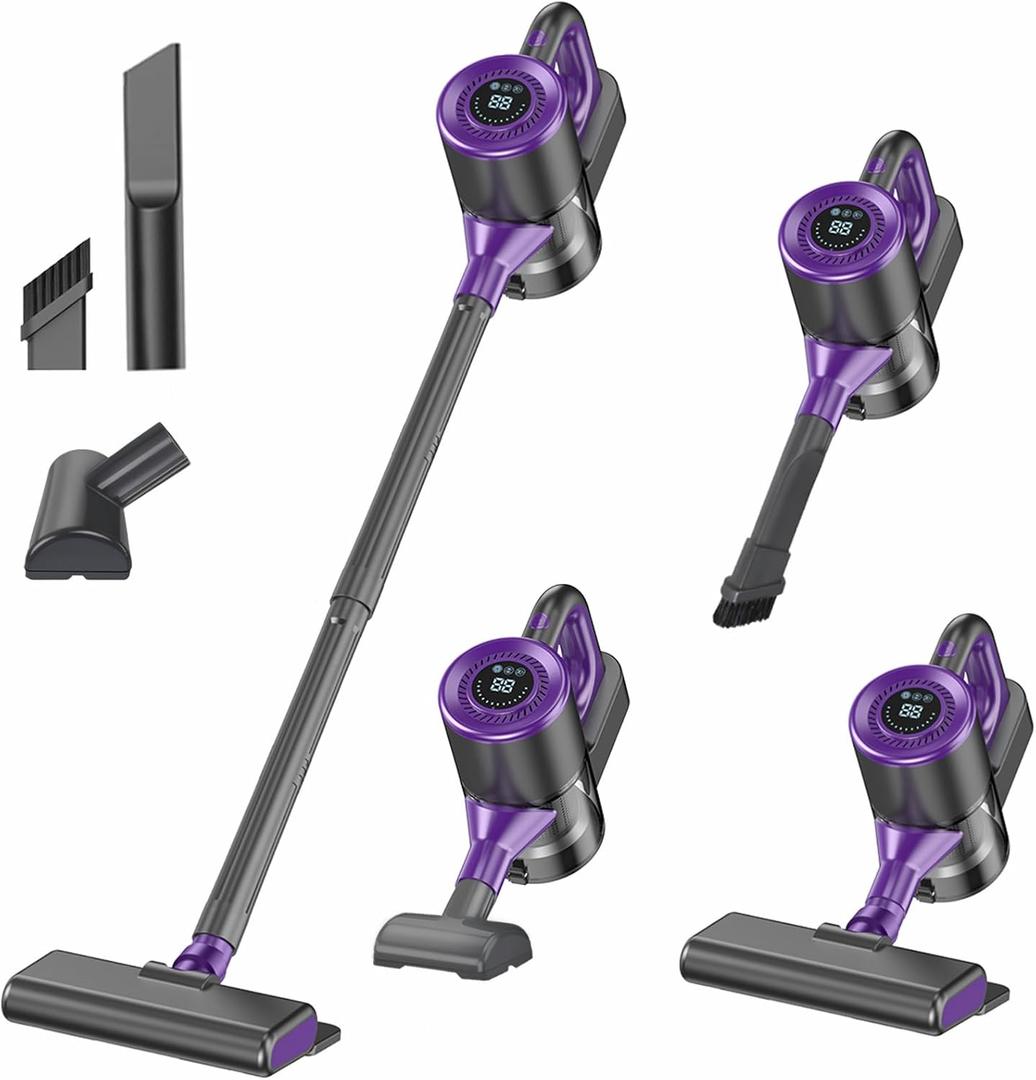 Cordless Vacuum Cleaner, Powerful Suction Vacuum Cleaners for Home, Stick Vacuum Cordless Rechargeable with LED Screen and 3-Speed Suction, Lightweight Handheld Vacuum for Pet Hair, Hard Floor, Carpet