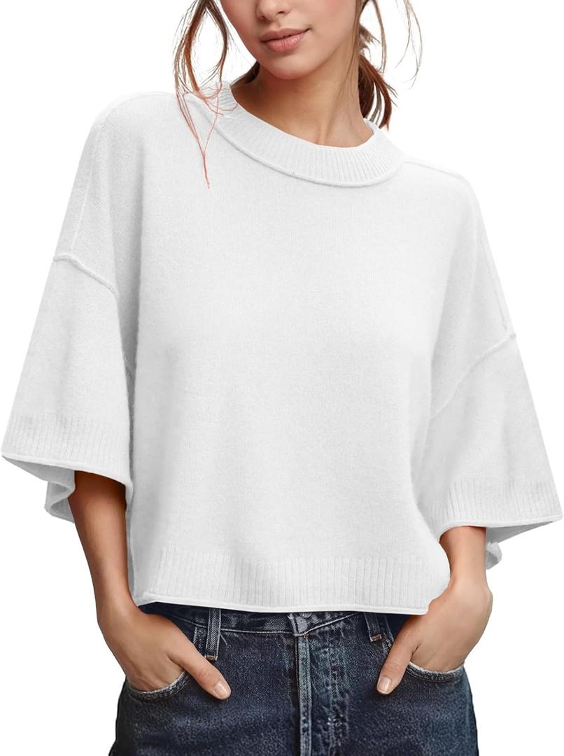 ZDC Women's Oversized Sweaters Summer Short Sleeve Casual Cropped Tops Lightweight Loose Fit Knit Pullover (M)