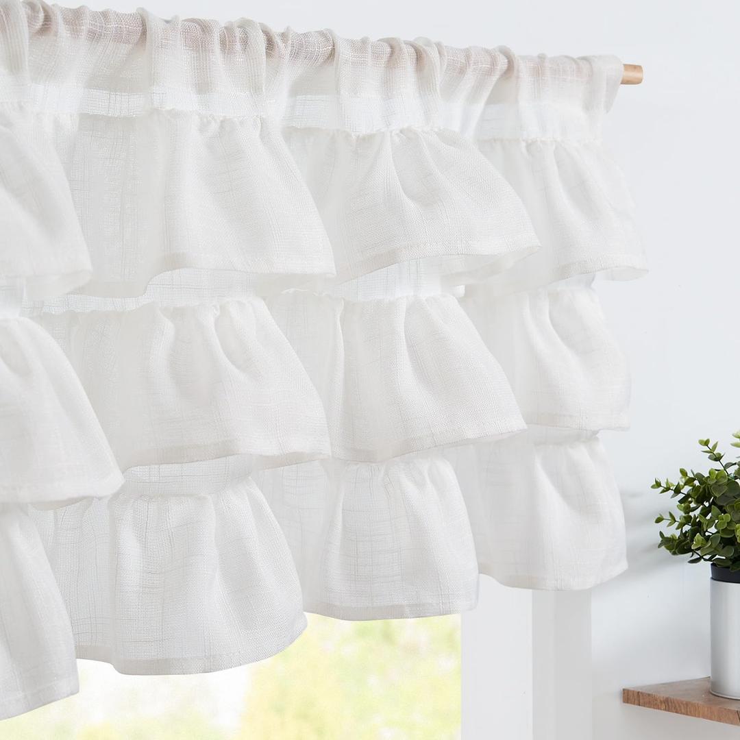 Jinchan Ruffled Valance Curtain Slubbed Crossed Kitchen Valance Vintage Shabbychic Style for Living Room Small Windows 18 Inch Cottagecore Farmhouse Half Window Rod Pocket 1 Panel White