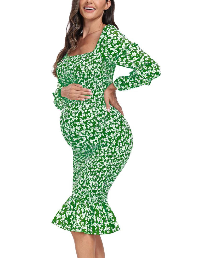 Maternity Fall Floral Midi Bodycon Dresses, Long Puff Sleeve Square Neck Ruffle Hem Mermaid Baby Shower Dress Bright Green S (Green, S)