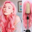 BrittyHair Pink Long Wavy Wig for White Women 26 Inch Middle Part Curly Wig Natural Looking Heatresistant synthetic fiber wigs for Daily Wear Cosplay and Halloween