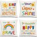 Colourful Words Inspirational Quotes Rainbow Sun Be Kind Brave Happy Sunshine Decorative Classroom Throw Pillow Cover Cushion Case for Kids Gifts,Home Sofa Bed Playroom Decor 18 x18 Inch Set Of 4