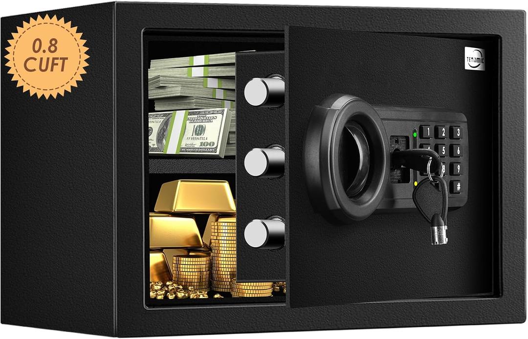 Tenamic Safe Box 0.8 Cuft Fireproof Waterproof Home Safe, Keypad Small Lock Box Cabinet Safes, Solid Alloy Steel Office Hotel Home Mini Safe, Black
