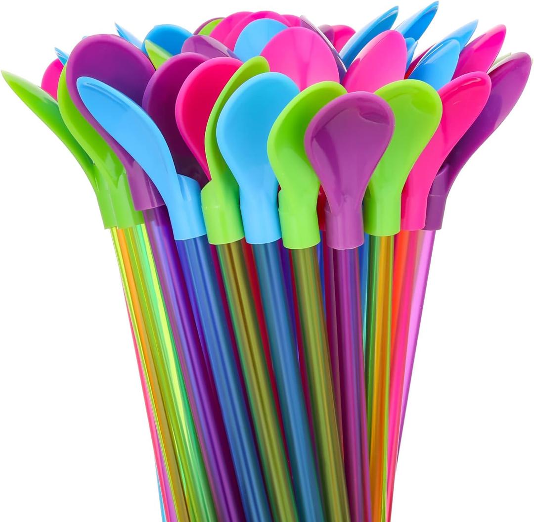100 Pcs Snow Cone Spoon Straws Hard Plastic 9.3 Inch Detachable Reusable Long Milkshake Straws for Drinking Snow Cone Ice Cream Coffee Kitchen Stirring Utensil Supplies, Assorted Colors