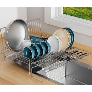 Dish Drying Rack - Stainless Steel Expandable Large Dish Drainer for Kitchen Counter, with Stainless Drain Board Rustproof Collapsible Organizer Space Saving