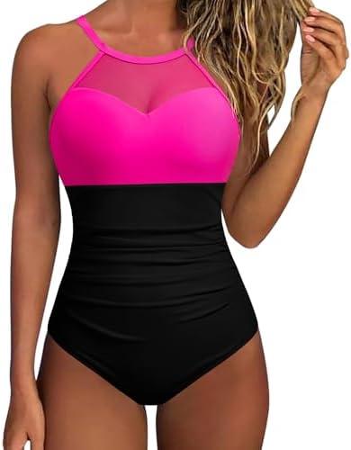 SUUKSESS Women Tummy Control One Piece Swimsuit Sexy Mesh High Neck Bathing Suit Large
