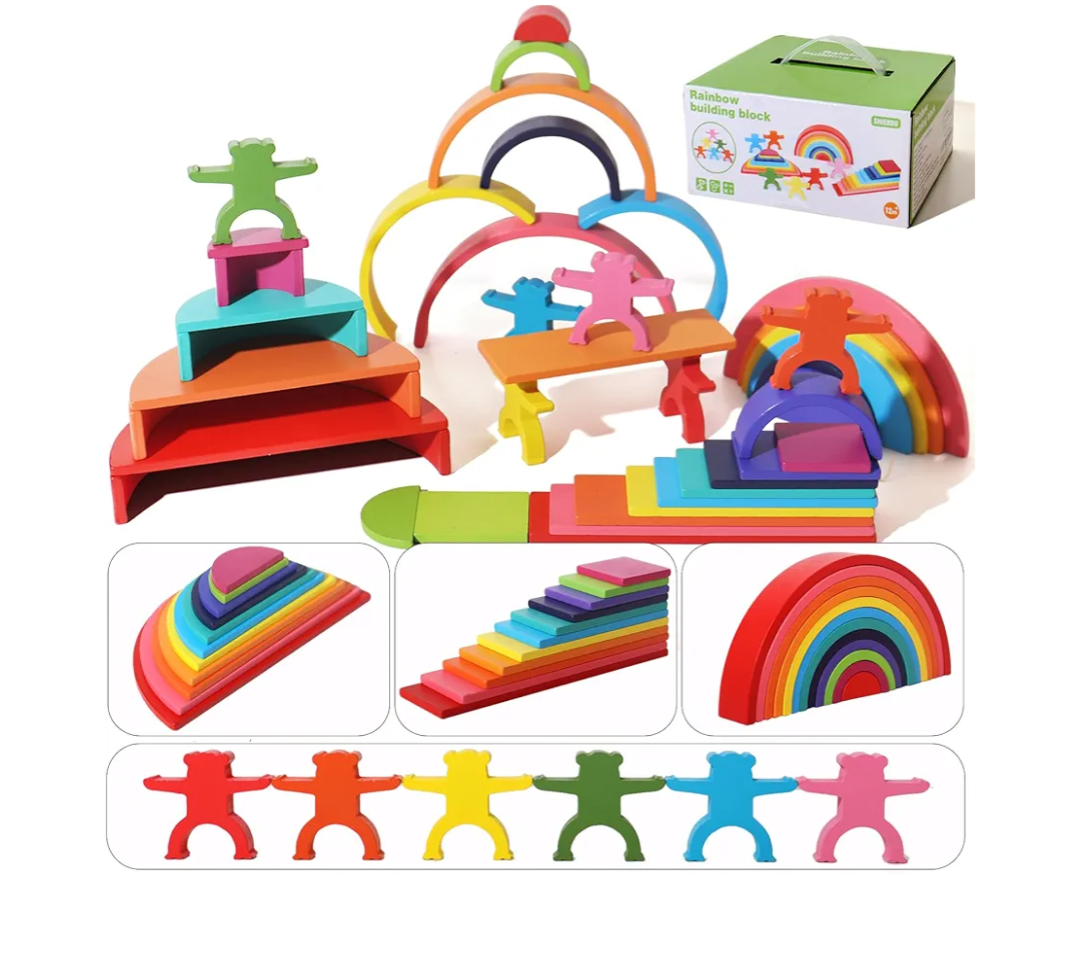 Dinhon 40Piece Wooden Rainbow Stack Set, 4in1 Building Blocks preschoolers Early Development & Activity Toys Montessori Toys for Kids 1 2 3 4 Years and Older Gifts for Boys and Girls