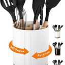 LoeJan 7.5" Utensil Holder, 3 Compartment Ceramic Kitchen Utensil Holder with Cork Bottom, Large Utensil Crock for Countertop, Cooking Tool Organizer Set for Kitchen Counter(White,Vertical Stripe)