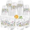 100 Pcs Wildflower Clear Cups 12 oz Plastic Flowers Disposable Drinking Cups Bulk for Spring Groovy Party Floral Baby Shower Birthday Supplies