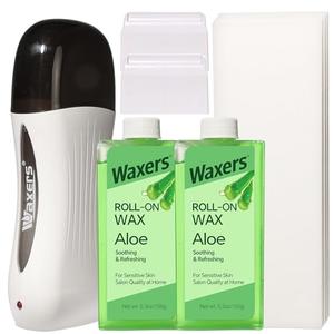 Waxers Roll on Wax Kit for Hair Removal Aloe Vera Wax Roller Waxing Kit with 2 Soft Depilatory Waxing Cartridges Warmer & Strips for Sensitive Skin at Home for Beginners