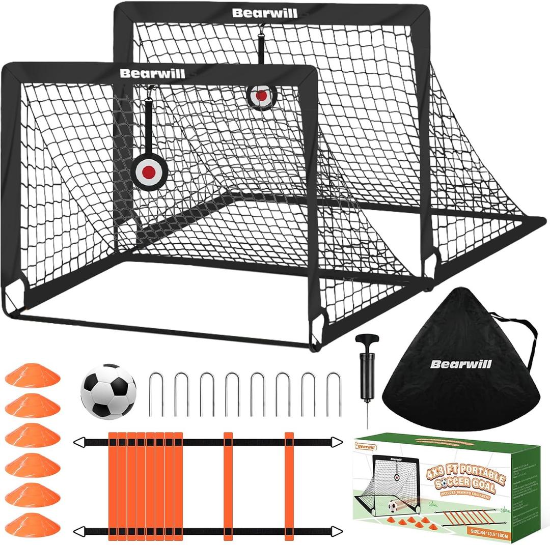 Soccer Goal, Kids Soccer Goals for Backyard Set of 2, 4x3ft Portable Soccer Goal Pop Up Soccer Net, Kids Soccer Net Training Equipment with Soccer Ball, Ladder, Cones, Targets (Black)