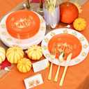 60 PCS Plastic Thanksgiving Plates Set for 30 Guests,Heavy Duty Plastic Party Disposable Plate-30 White Dinner Plates with Gold Maple Leaves Pattern,Orange Dessert Plate with Gold Pumpkin