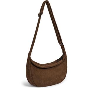 Crossbody Sling Bag for Women Men Trendy, Crescent Bag with Adjustable Strap, 2 Zippers Lightweight (Corduroy-cafe)