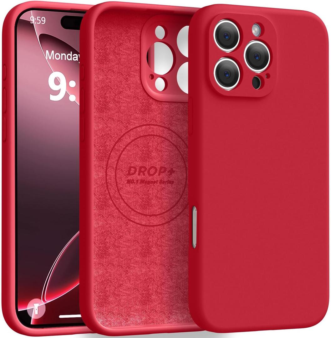 Magnetic for iPhone 16 Pro Case [Compatible with Magsafe] [Premium Silicone Satin-Smooth Touch] Slim Shockproof Anti-Scratch Microfiber Lining Case, 6.3 inch, Red