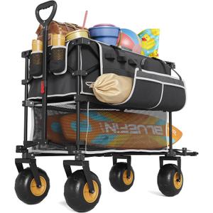 400L Double Decker Beach Wagon-500LBS Heavy Duty Beach Cart with 9" Big Balloon Wheels for Sand,Folding Collapsible Wagon with Side Pocket for Beach, Fishing, Camping,Outdoor(Black)