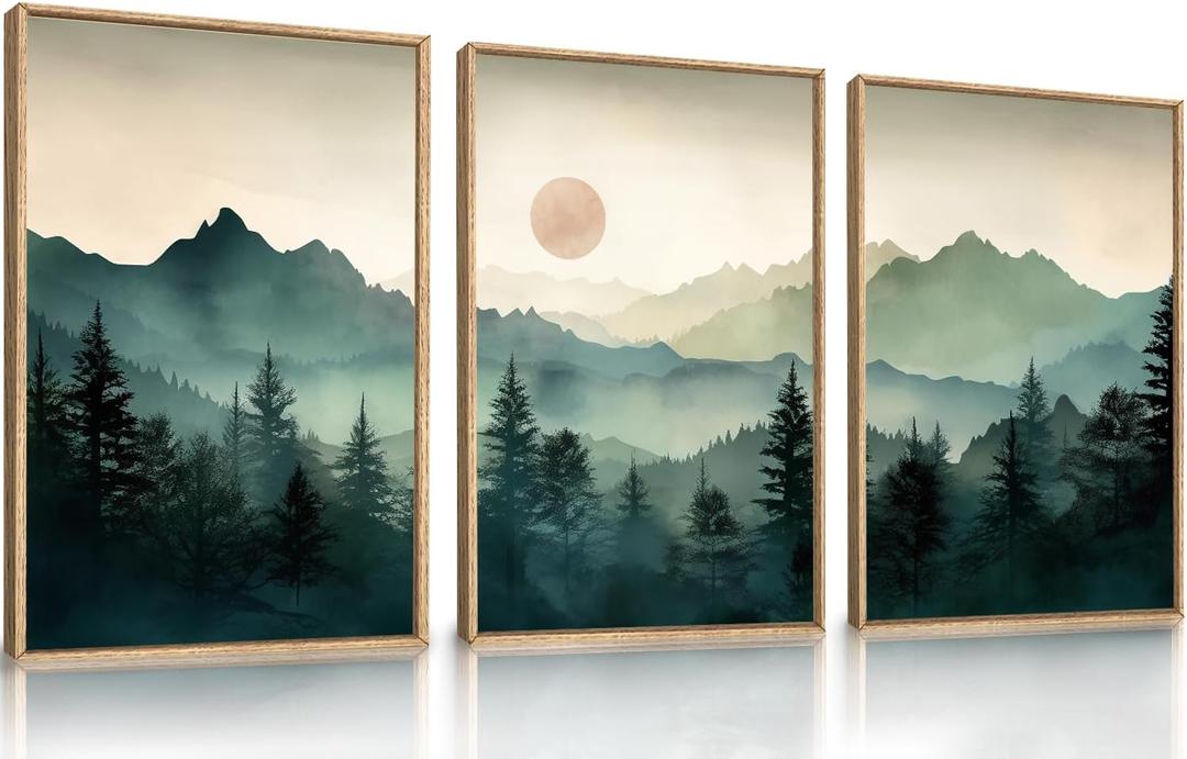 LHIUEM Large Boho Mountain Framed Wall Art Set,Green Foggy Forest Wall Painting,Abstract Nature Sunrise Artwork,Watercolor Pine Tree Wall Decor for Living Room,Bedroom,Office-16''x24''x3, Sunrise Mountain Wall Art