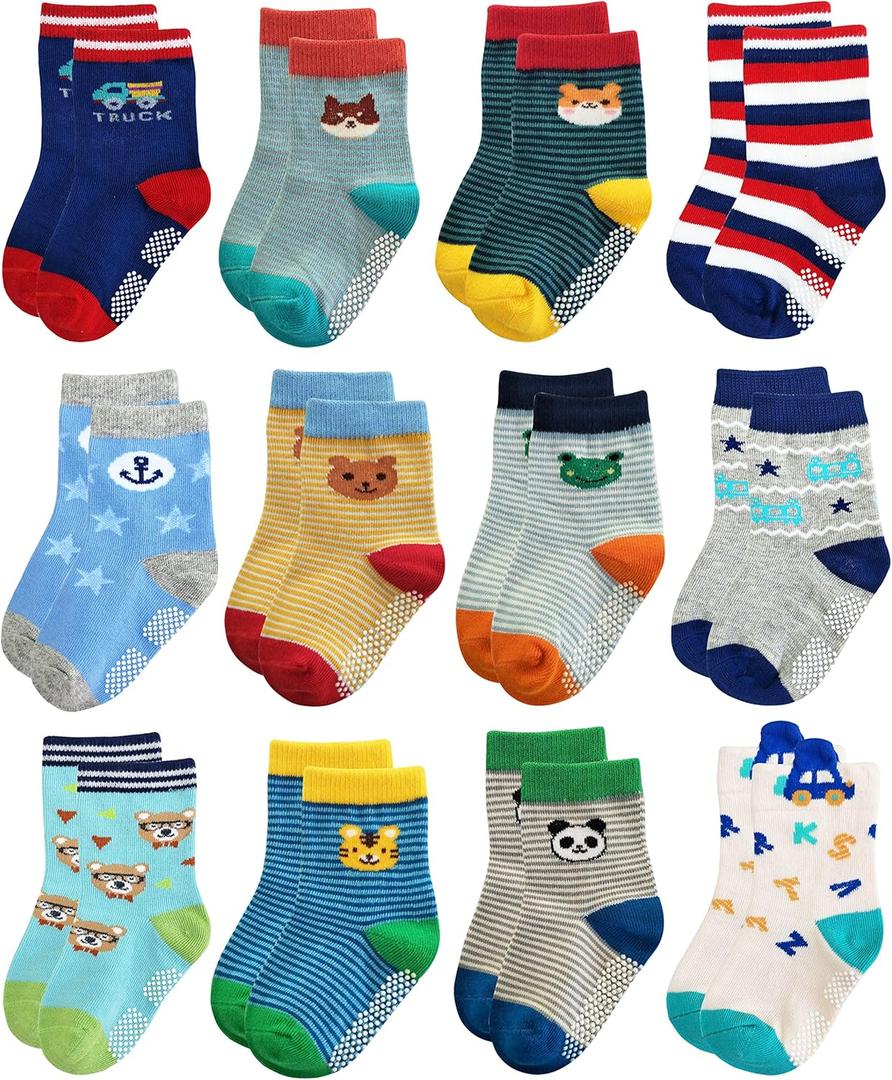 RATIVE Non Skid Anti Slip Crew Socks With Grips for Baby Infant Toddlers Kids Boys (3-5T, 12-pairs/Rb-71317)