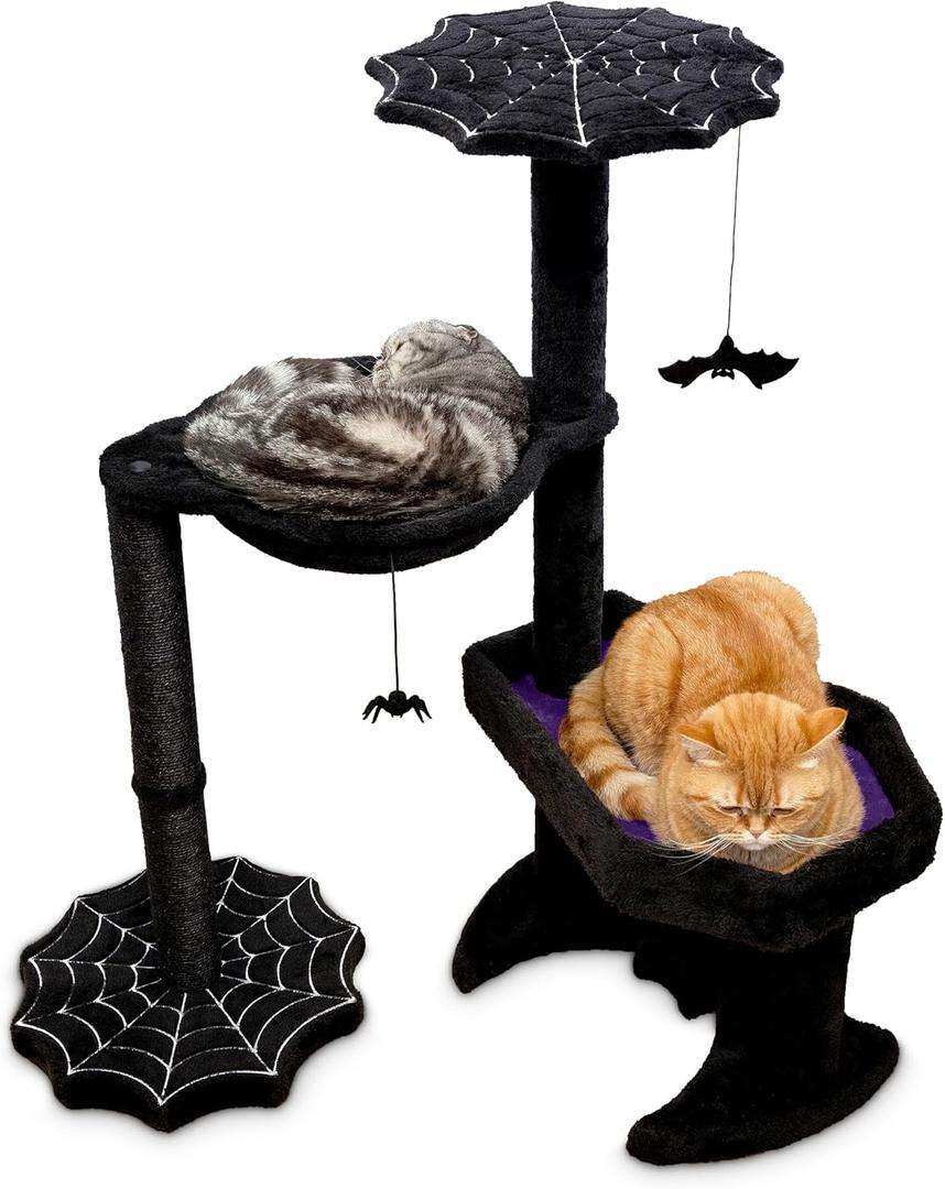 Gothic Cat Tree with Coffin Cat Bed, Hammock, Spider & Bat Goth Cat Toys - 35 Inch Tall Coffin Cat Tree with Luxurious Gothic Bed Experience Black and Purple