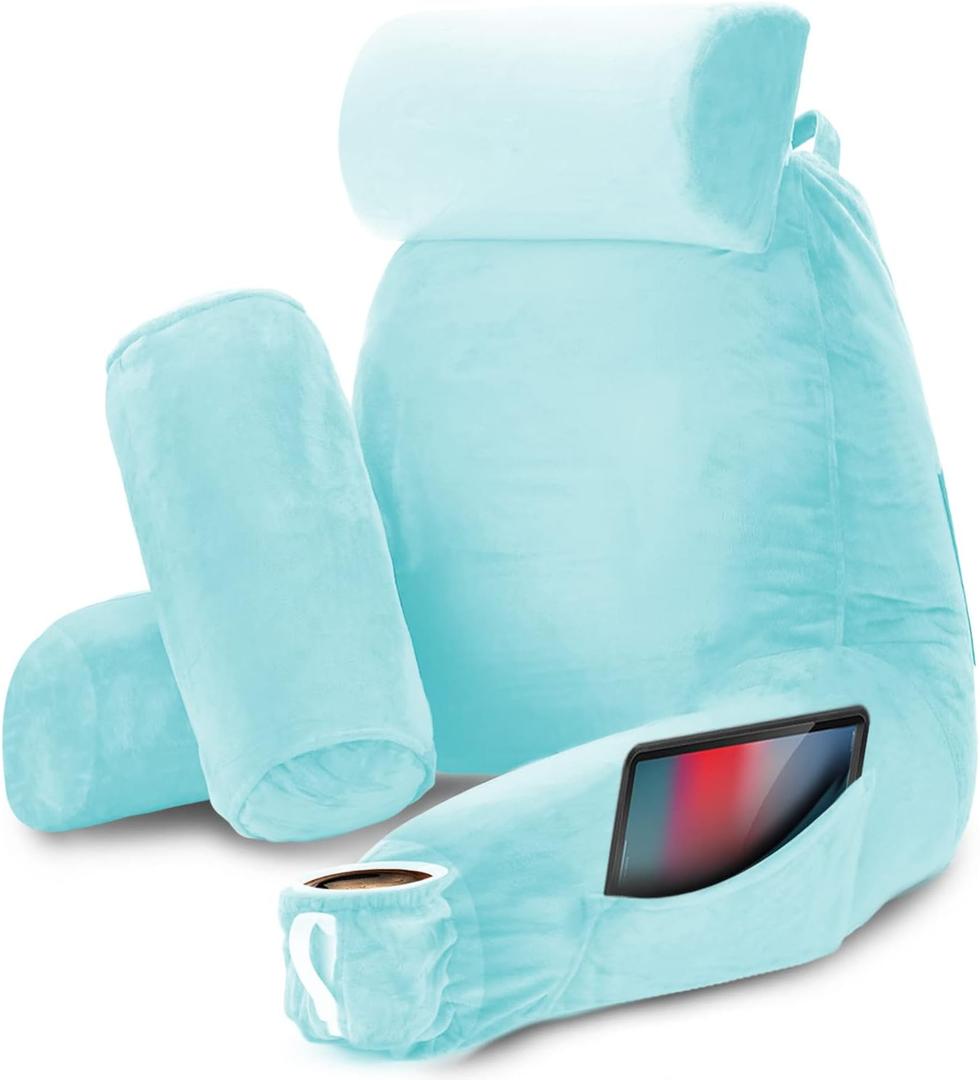 Nestl Reading Pillow with Shredded Memory Foam Includes 2 Neck and Lumber Support Pillows, Designed for Sitting Up in Bed and Couch, Back and Arms Adjustable Support for Adult & Teens, Light Blue