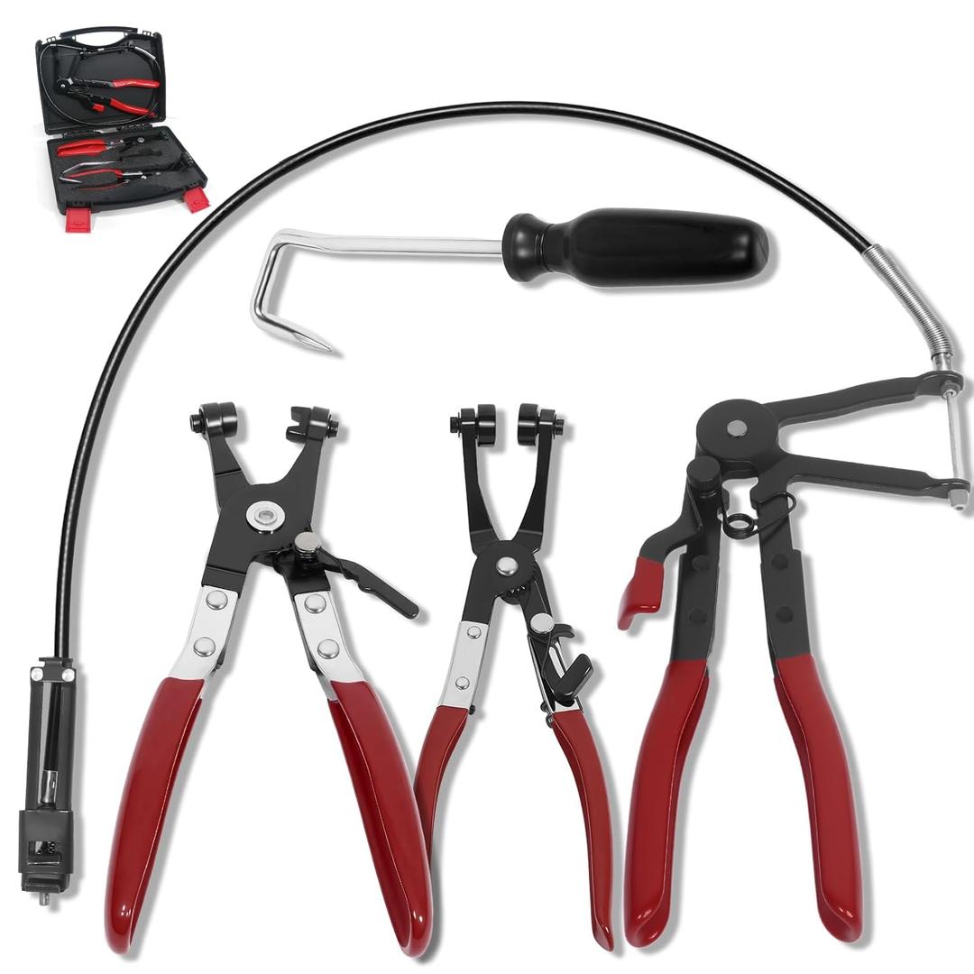 4PCS Long Reach Hose Clamp Pliers Tool Set - Flexible Wire Radiator Hose Clamp Remover for Automotive Coolant, Heater, Water Hose (8, Red)