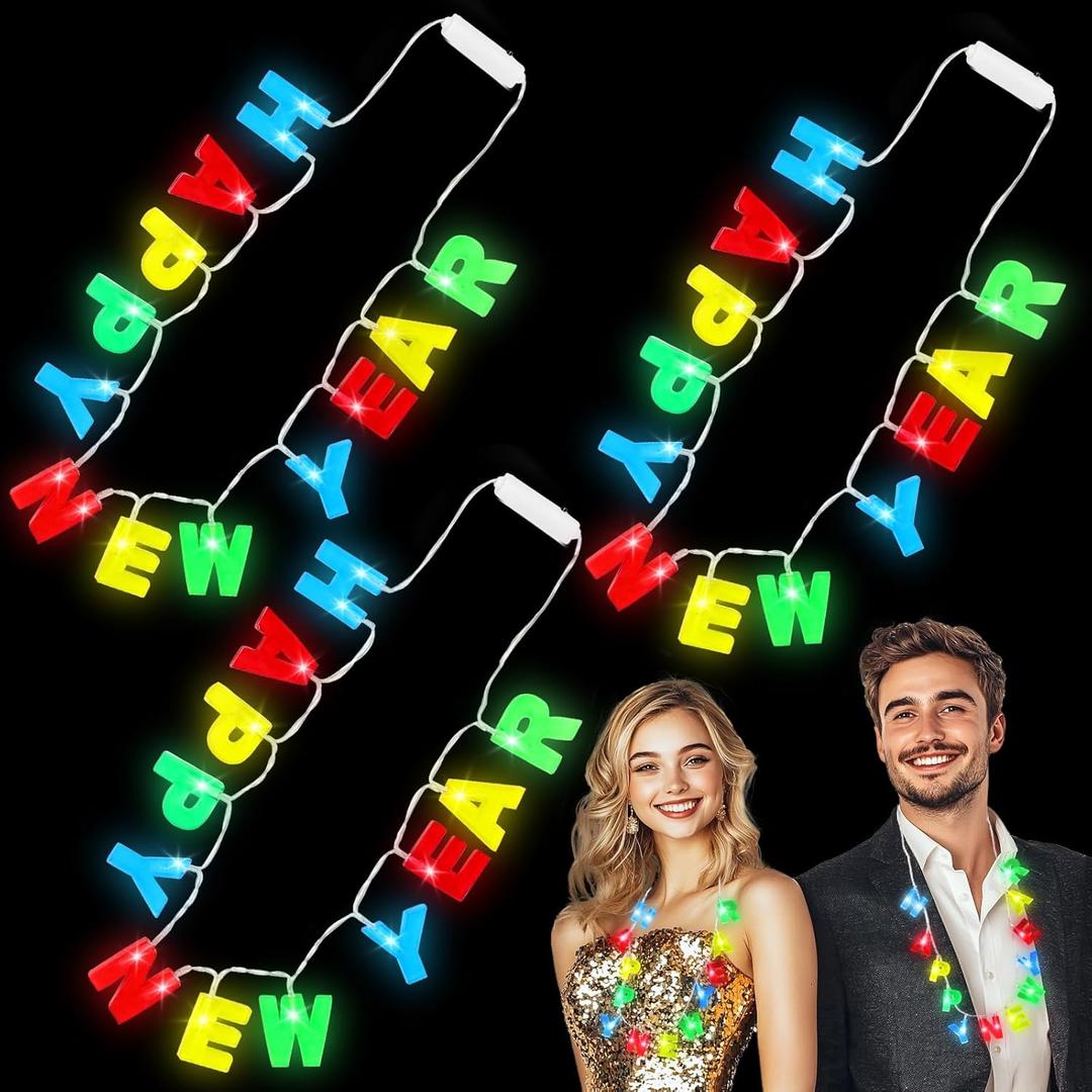 3 Pack Light Up Happy New Years Necklaces New Years Eve Party Supplies for Adult, Colorful Nye Necklaces with 14 Leds 3 Modes Glow In the Dark Party Accessories New Years Birthday Party Favors