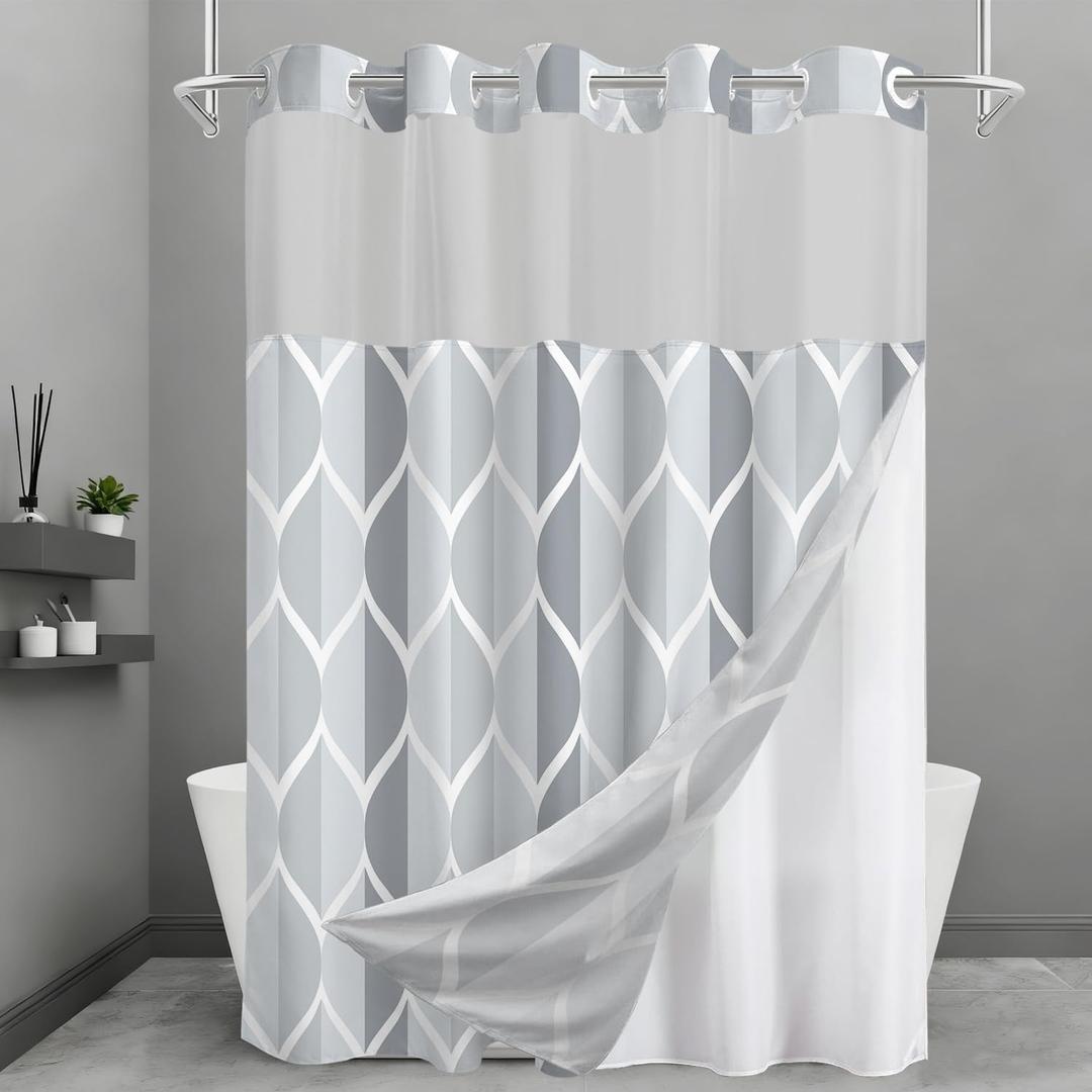 No Hook Shower Curtain and Liner Set, Grey Modern Geometric Waterdrop Shower Curtains for Bathroom, Hotel Style Waterproof Bathroom Curtain Set with See-Through Mesh Top Window, 71x84 Inches