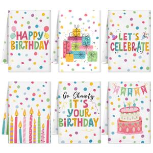 Culudea 6Pcs Birthday Kitchen Towels Set Colorful Dots Party Hand Dish Towels Happy Birthday Dishcloths Kit Decorative Tea Guest Dishcloths Cake Balloons Kitchen Bathroom Home Decor Seasonal Gifts 