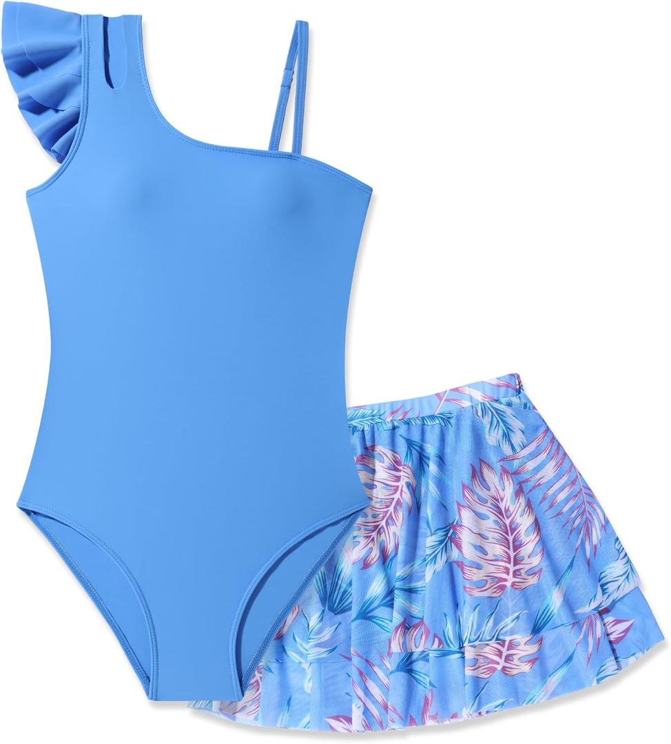 Girls Swimsuit One Piece Swimwear Top with Tropical Print Cover Up Skirt Girls Bathing Suit 7-16 Years (9-10 Years, Blue)