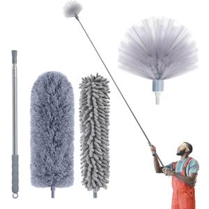 Cobweb Duster with Extension Pole, 100'' Microfiber & Chenille Ceiling Cleaner Kit, Reusable Feather Duster, Bendable, Washable