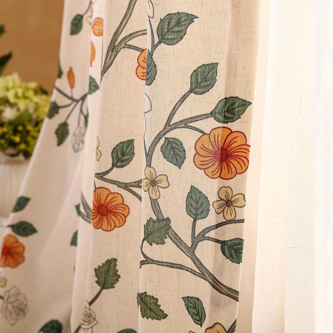 ISAENNE French Beige Linen Semi Blackout Curtains with Grommets,Western Floral Pattern Decor Cottage Curtain for Kitchen Living Room Bedroom Window,2 Panels 65 Inches Wide by 63 Inches Long -Flora