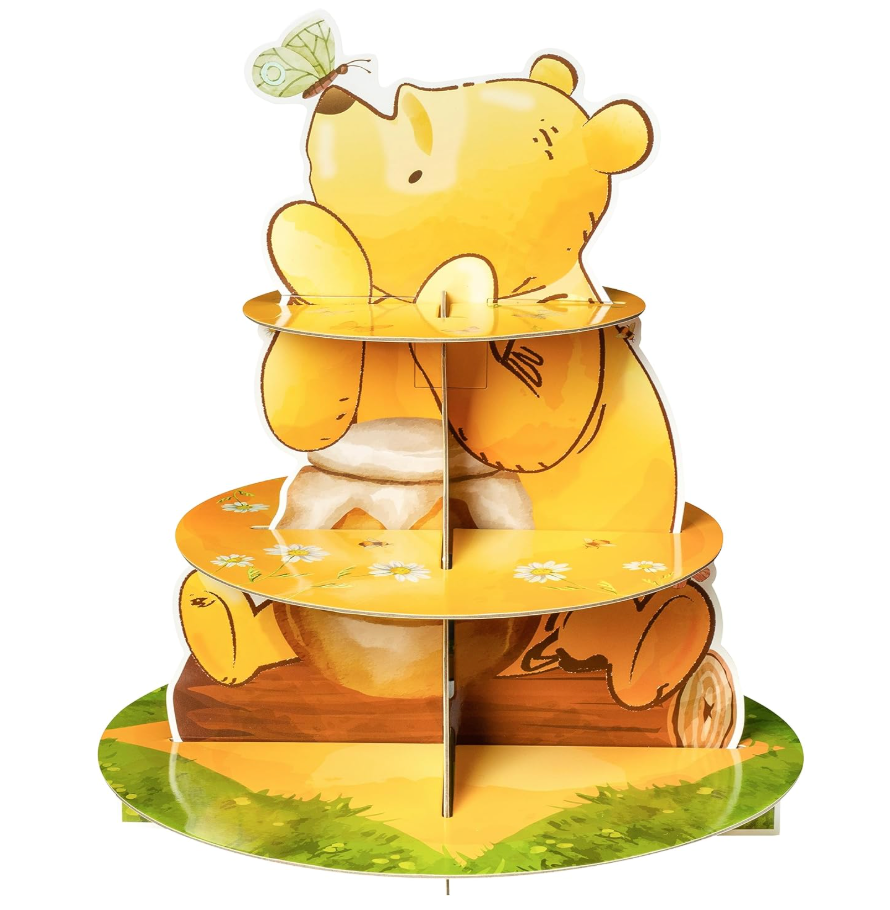 Winnie Themed Cupcake Stand - 3 Tier Winnie Party Dessert Holder Bear Theme Cardboard Cake Stand for Birthday Party Decorations Bear Cupcake Display for Boys Girls Baby Shower Party Supplies