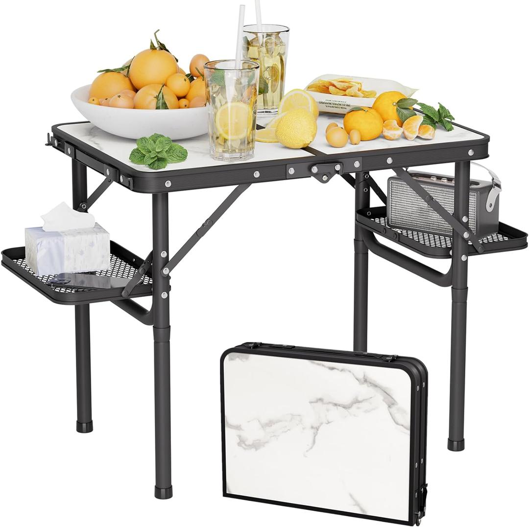 Titanker Folding Camping Table Small 2ft, Small Camp Table Portable with 50% Extra Space, Folding Picnic Table, Portable Beach Tables, Car Camping Essentials, Aluminum Light Solid (Small 24.4"L x 16.3"W x 20.9"H, White Marble Top & Black Frame)
